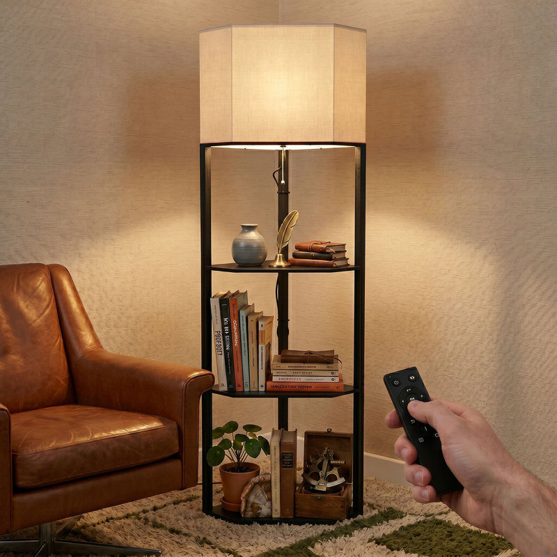 Lacarla Corner Floor Lamp with Shelves Bulb Not Included, Black Dimmable