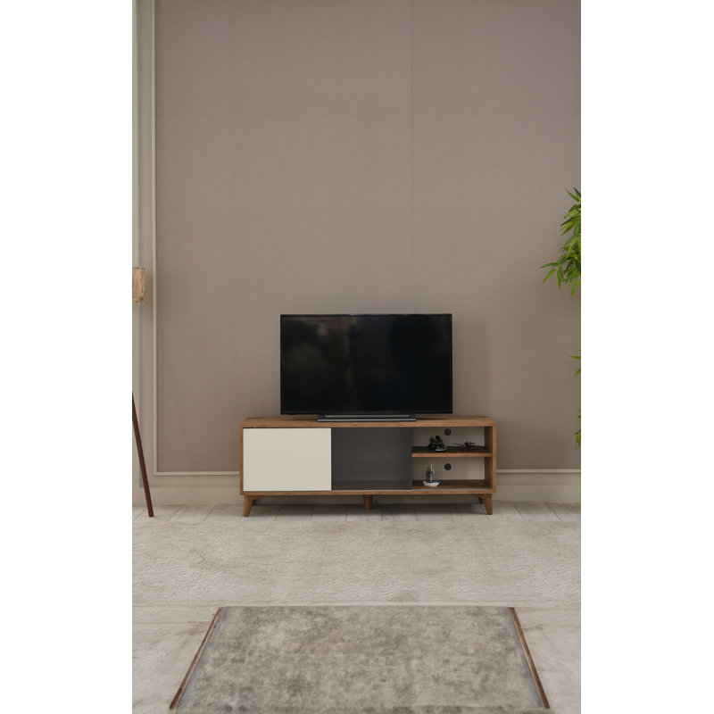 Meuble télé 55 po pour téléviseur de 60 po ou moins, console média Mid-Century avec portes coulissantes et tablettes ouvertes