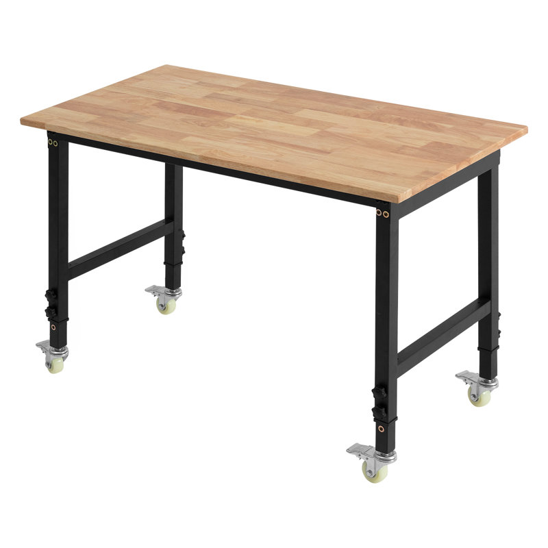 Établi réglable sur roulettes, capacité de 1 500 lb, établi en bois de chêne de 48 po x 24 po avec réglage de la hauteur de 28,5 à 42,3 po, table de travail en bois franc robuste pour garage, atelier, maison, bureau