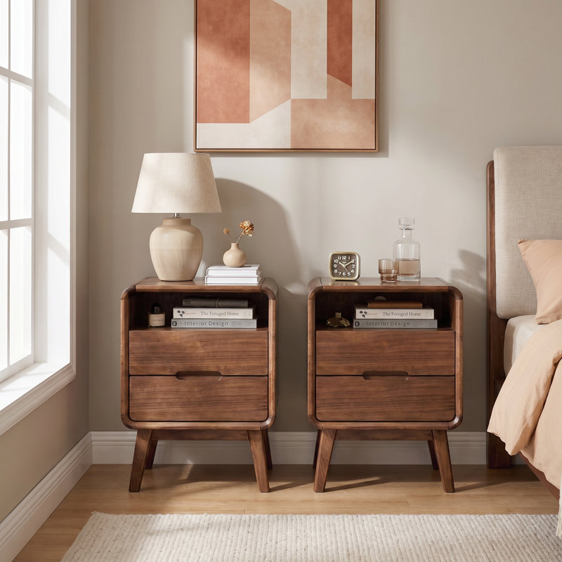 16.5"W Black Walnut Fully-assembled Nightstand with 2 Drawers, Black Walnut, Set of 2