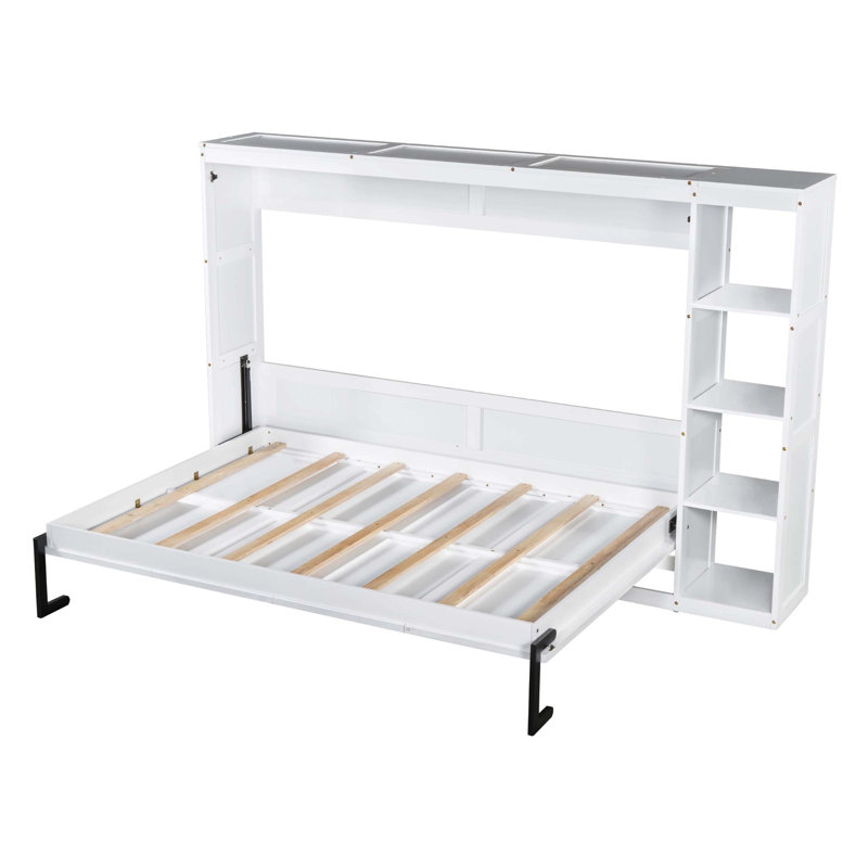 Lit escamotable double pliable pleine grandeur avec rangement de bibliothèque intégré, blanc, Lit double, Blanc
