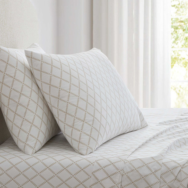 Martha Stewart Cotton Percale  Sheet Set, Queen Sheet Set with 2 Pillowcases, Leaf Trellis Beige
