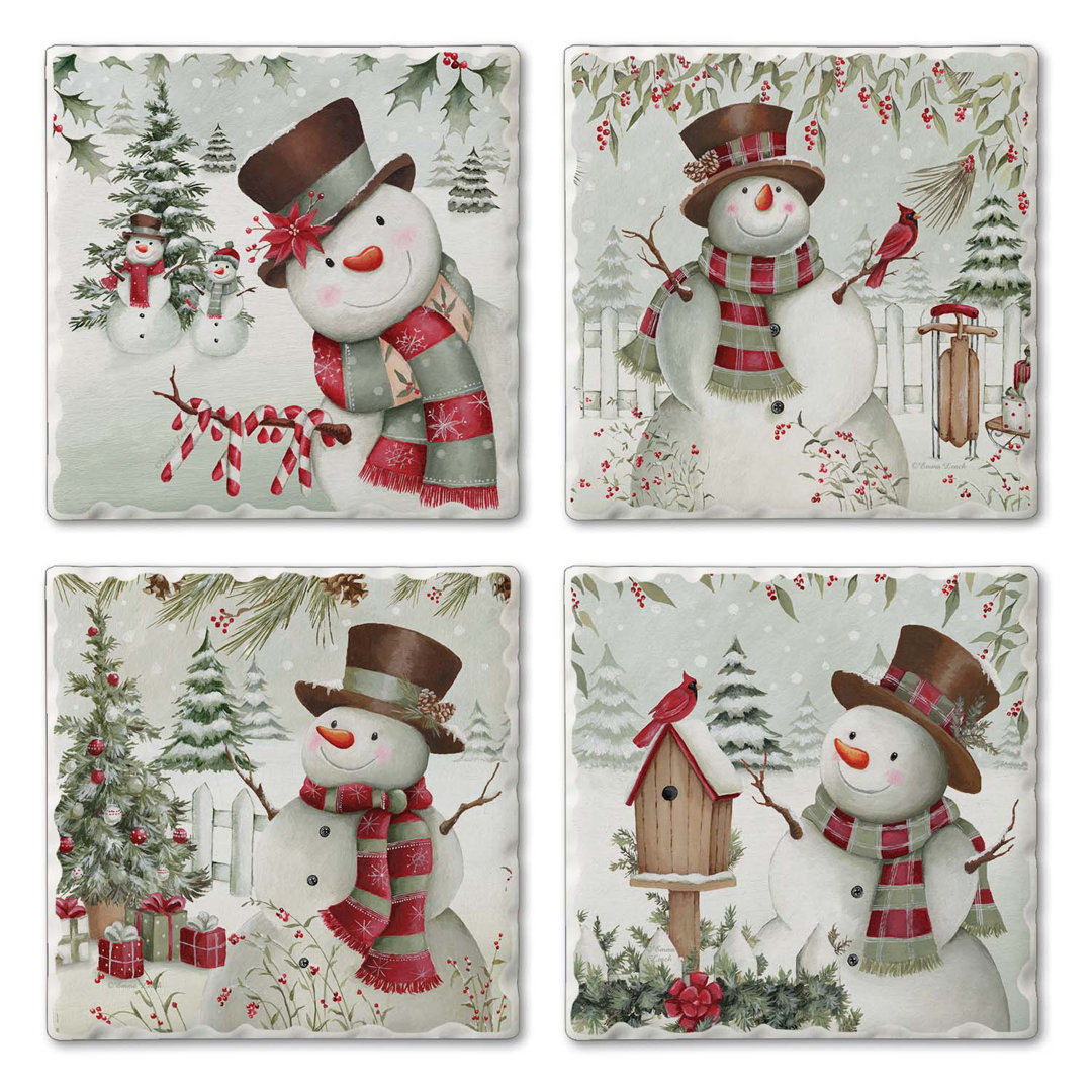 Snowman 4-Pack Assorted Tumbled Tile Stone Coasters CounterArt