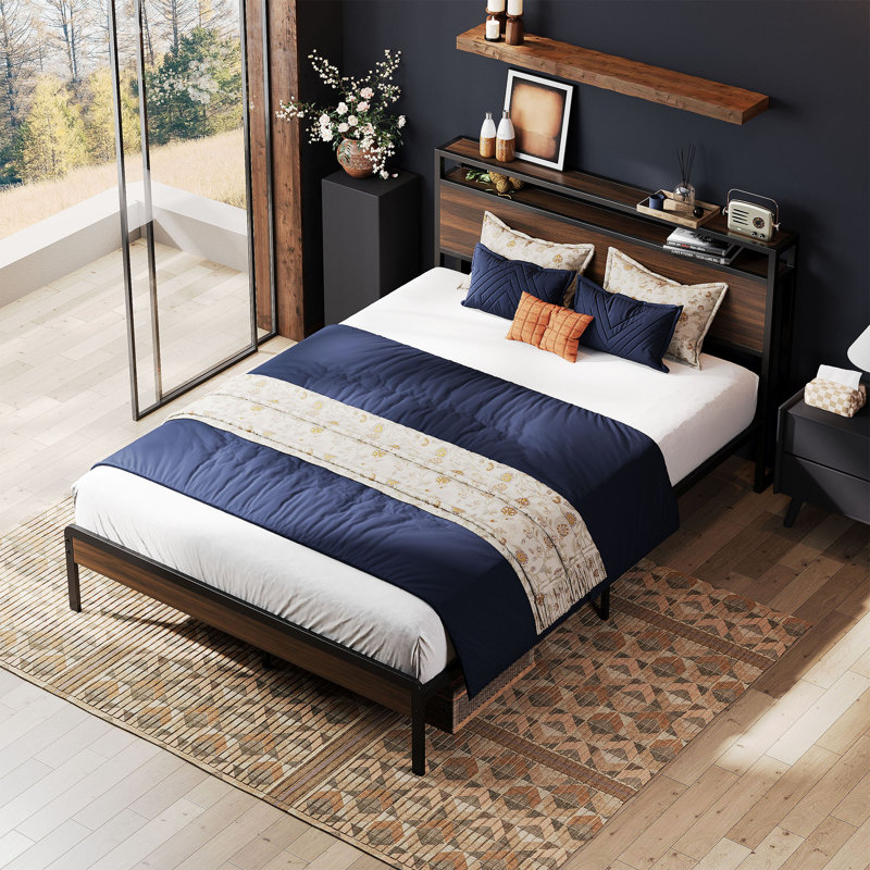 Full Bed Frame with Headboard, Walnut Wood Finish, Strong Metal Supports, Sturdy, Noise-Free, No Box Spring Needed, Full