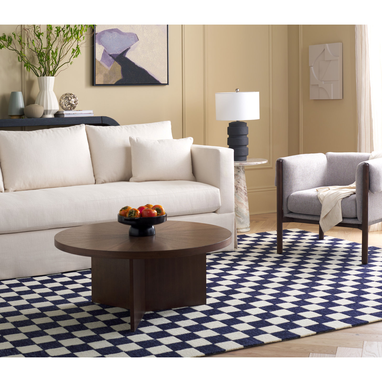 Freemont Navy Ivory Hand-Tufted Checkered Rug, Rectangle 8' x 10'