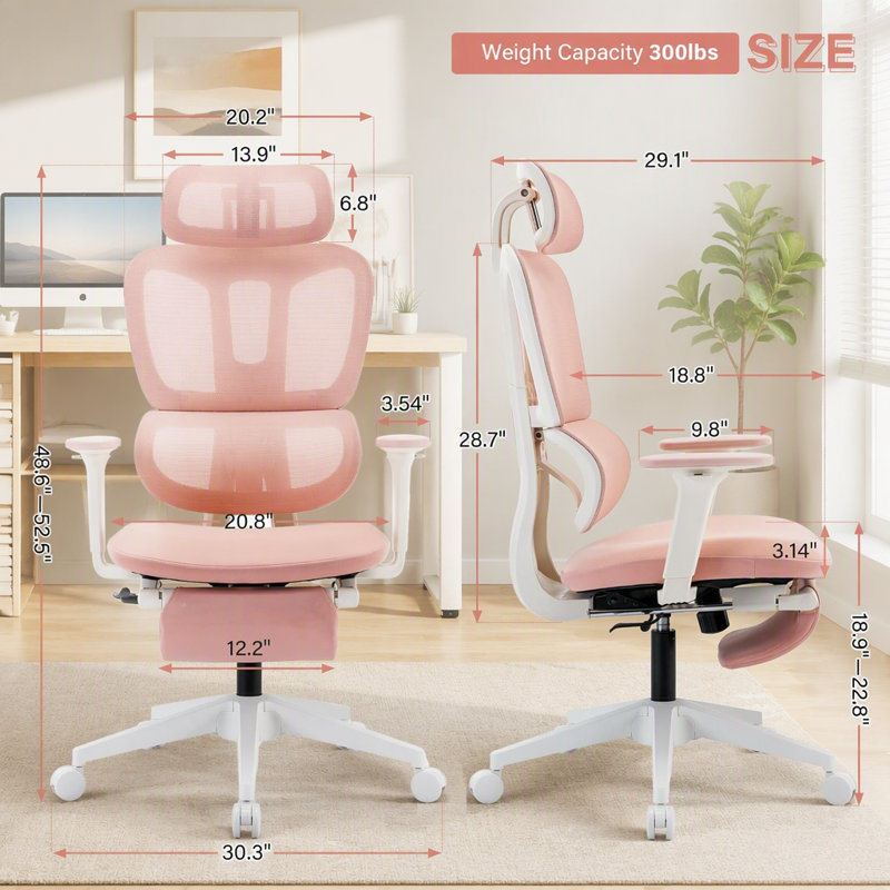Chaise de bureau ergonomique avec repose-pieds, Nylon Mesh, Pink, White