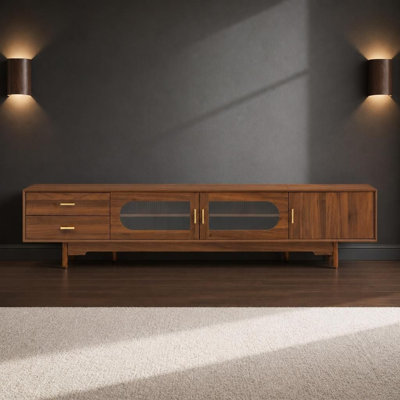 Meuble télé moderne pour téléviseur de 85 po ou moins, grand meuble audio-vidéo avec portes en verre cannelé et 2 tiroirs coulissants, console multimédia avec gestion des câbles intégrée, pieds en bois massif, armoire de rangement durable