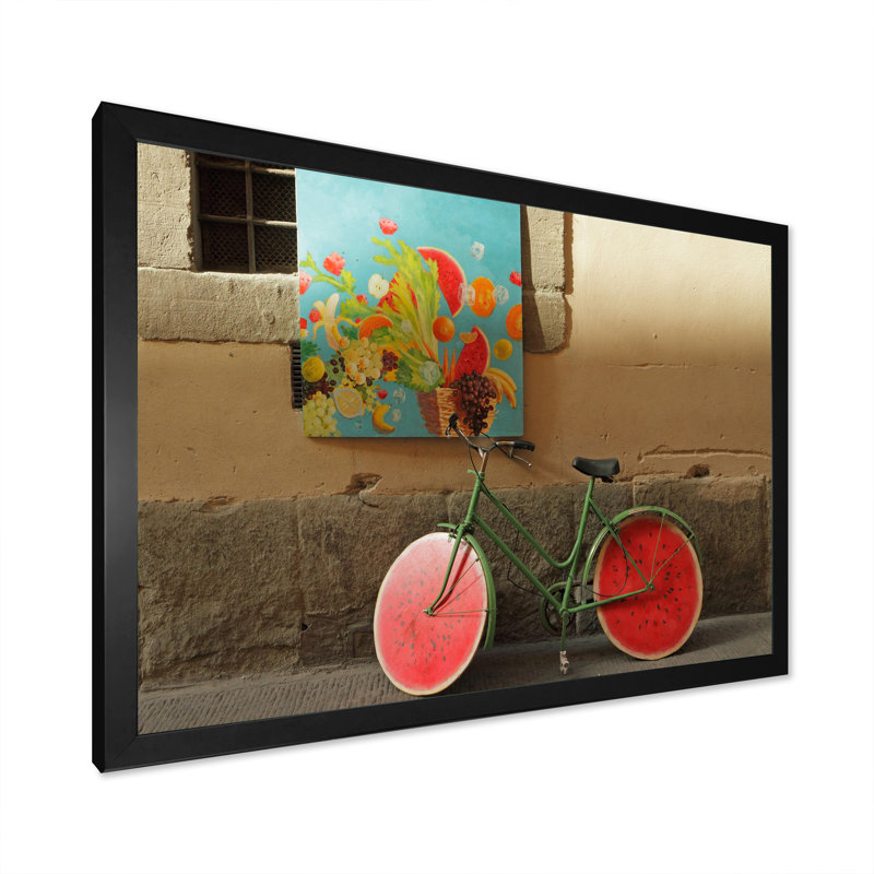 Retro Watermelon Bicycle - reproduction de cadre flottant sur toile, H 8 po x l 12 po x P 1 po, Cadre photo noir