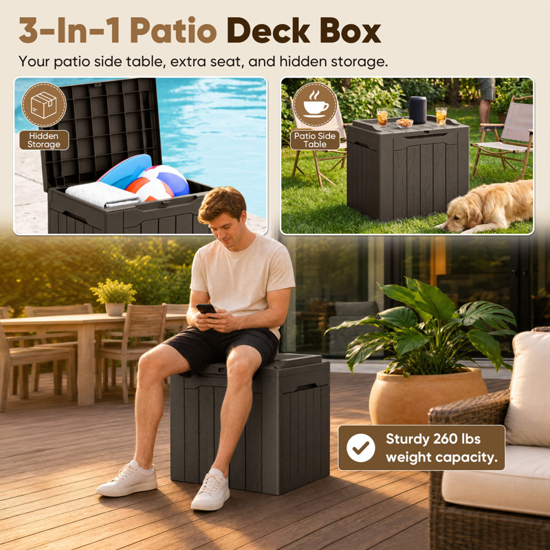 Devoko 32 Gallon Water Resistant Lockable Deck Box With Seat, Brown