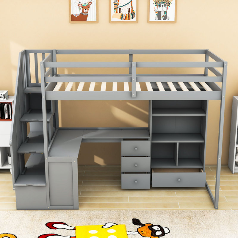 Lit mezzanine simple avec bureau en L, escalier de rangement et tiroirs intégrés, Gris