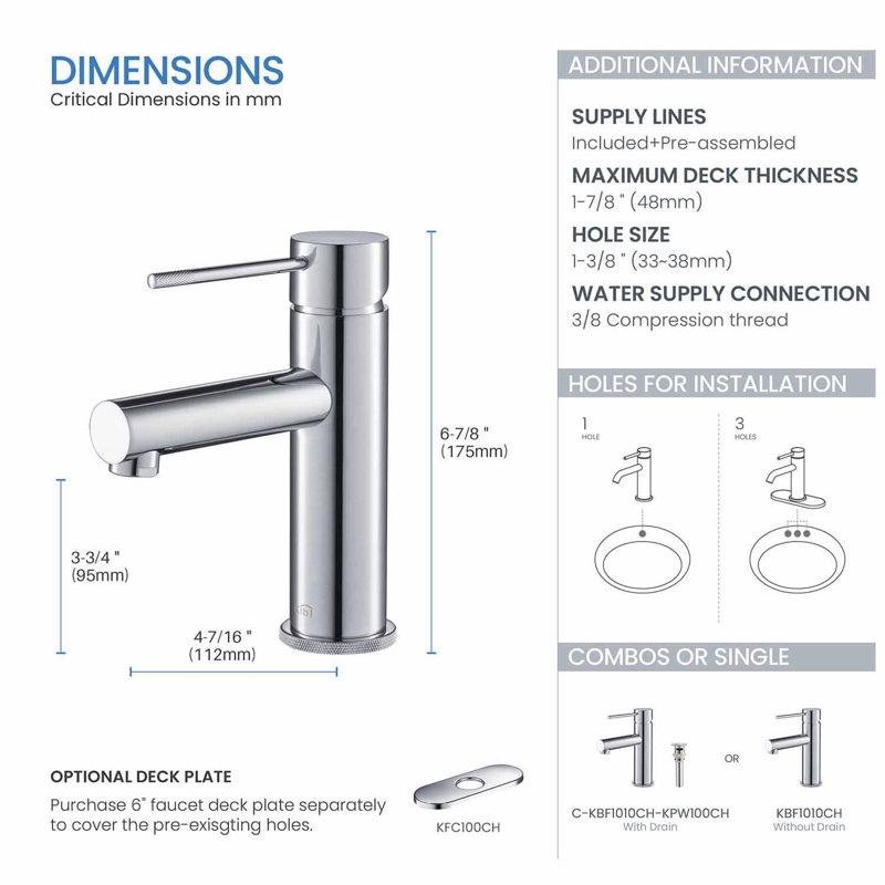 Robinet de salle de bain circulaire monotrou avec ensemble de bonde, Chrome
