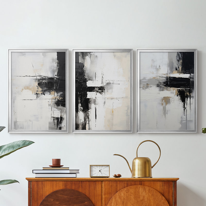 ABSTRACT Series dxvi - Toile tendue avec châssis encadré - 3 pièces, H 21 po x l 30 po, Argent argent