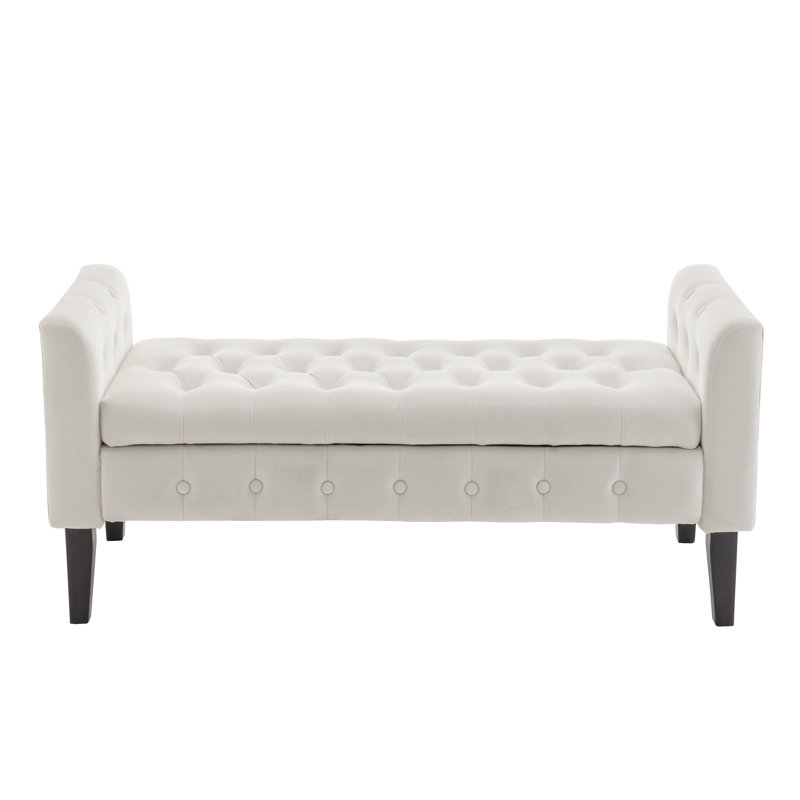 Banc de rangement en velours avec pieds en bois d'hévéa Vendrina, Blanc cassé