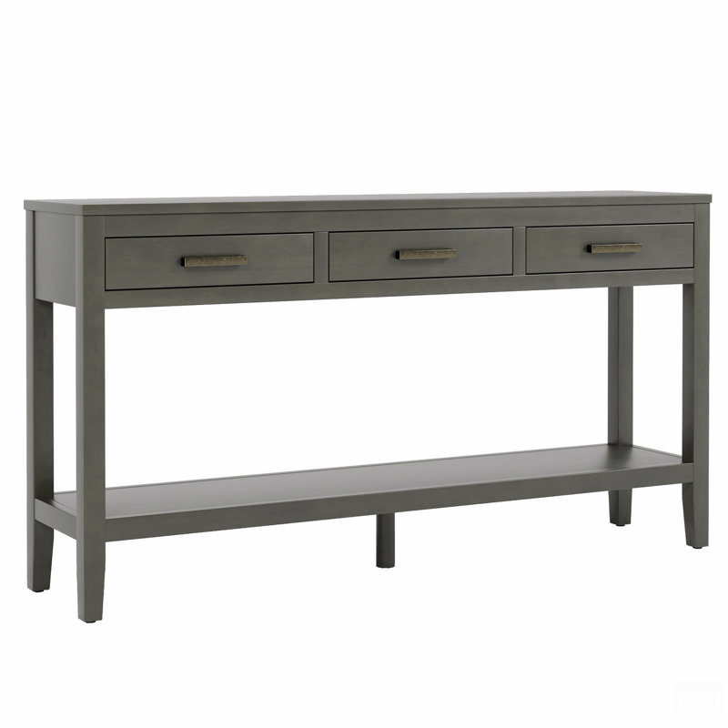 Farmhouse Entryway Table With 3 Drawers, Painted Console Table With Bottom Shelf & Iron Handles, Minimalist Sofa Table, Gray