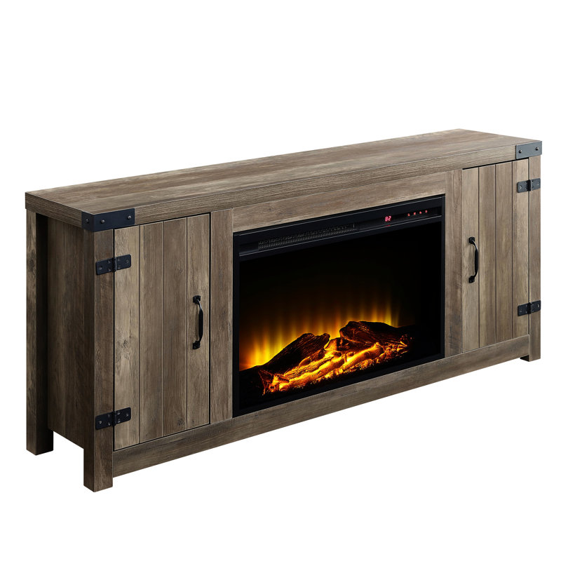 Meuble télé rustique en chêne avec foyer et rangement conçu pour un salon confortable