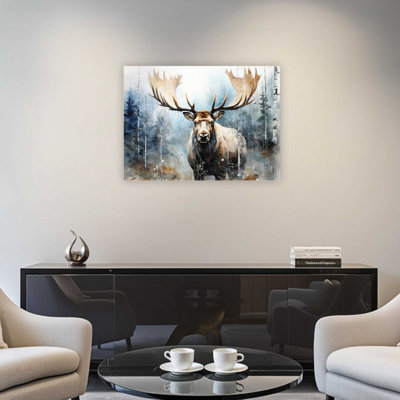 «Blue Beige Moose Majesty In The Forest», reproduction d'art sur toile de qualité supérieure pour chambre à coucher de salon, 24 x 32 po