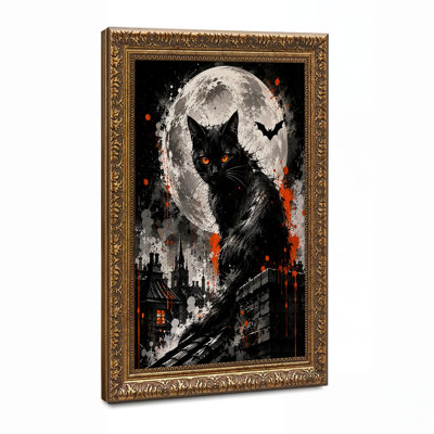 Black Cat With Glowing Orange Eyes On Rooftop Halloween Canvas Wall Art