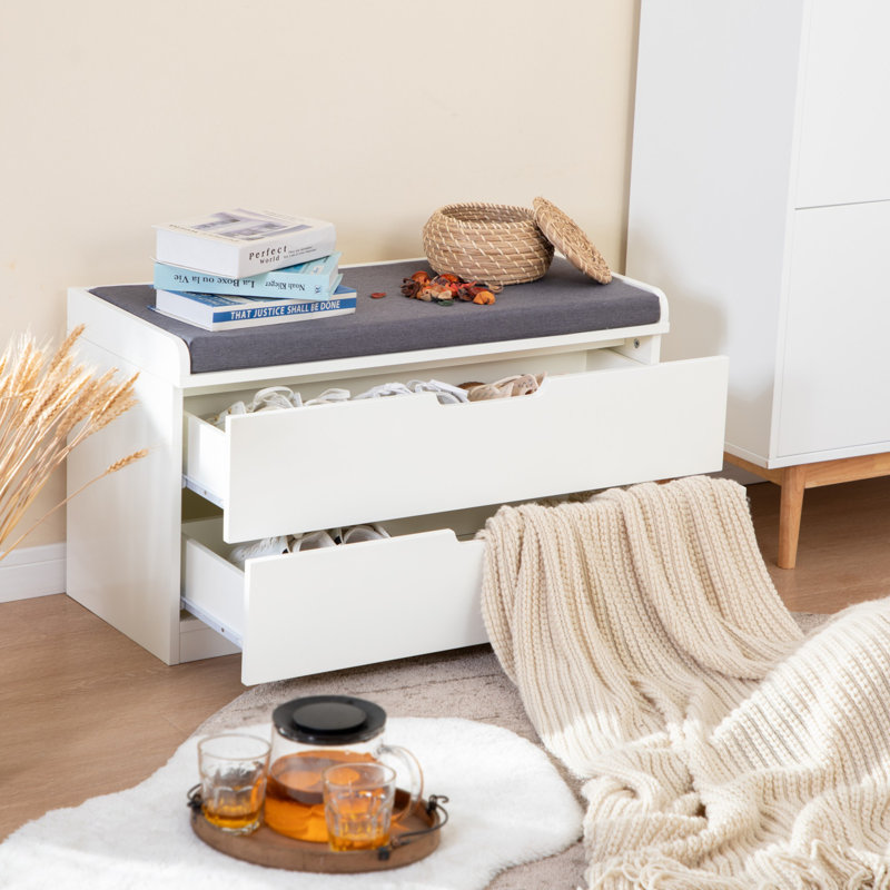 Shoe Storage Benches White Rack Bench With Grey Padded Seat Cushion & Two-Layer Drawer Organizer