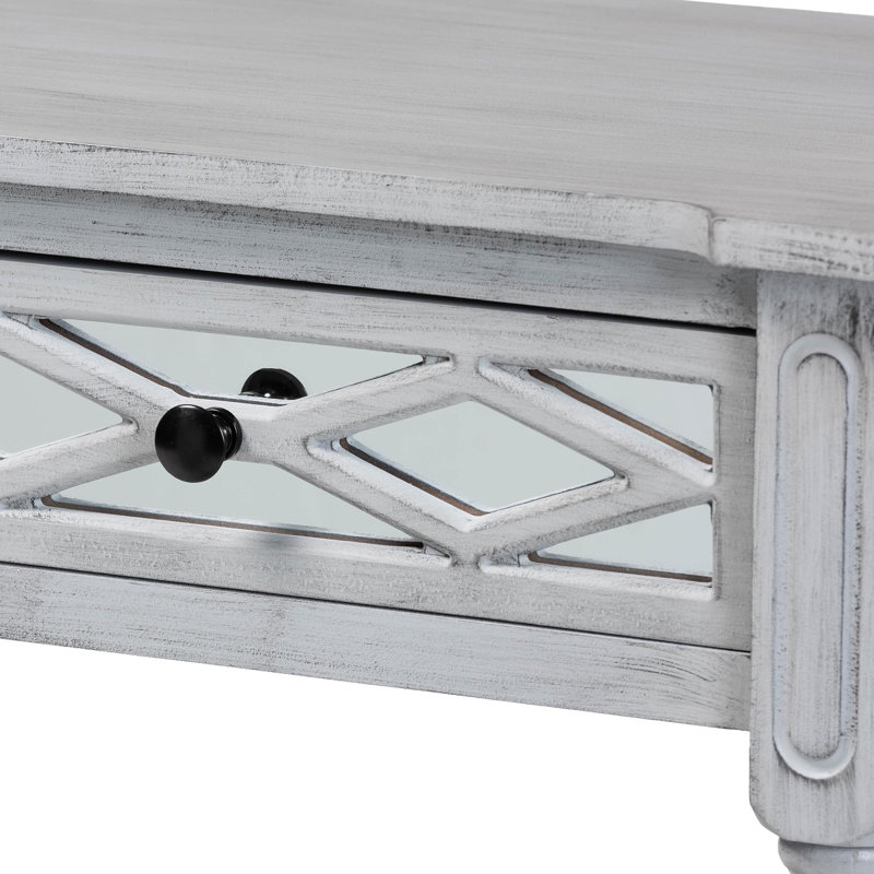 Gray Wood and Mirrored Glass 2-Drawer Console Table with Storage Shelf