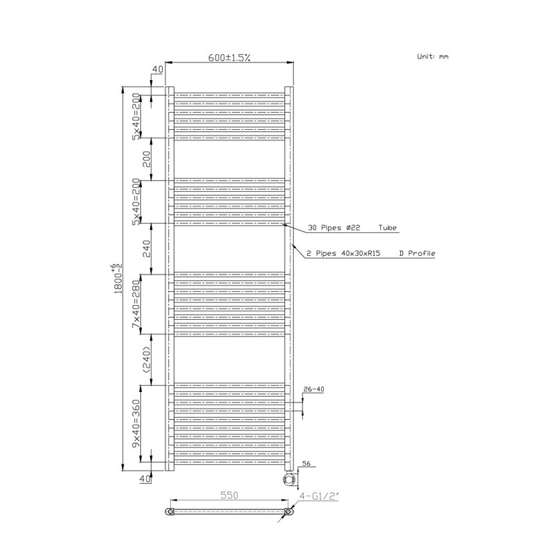 Arneisha Straight Towel Rail Heated Towel Rails, 180cm H x 60cm W x 3cm D, Anthracite