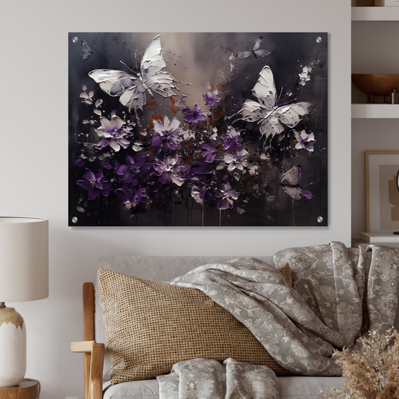 Ailes de papillon mauves et blanches et fleurs - Art mural acrylique en verre floral, H 30 po x l 40 po