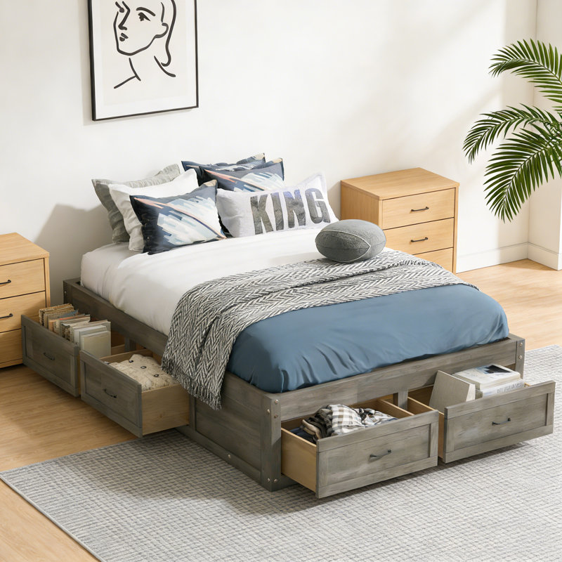 Lit plateforme double avec 6 tiroirs de rangement, gris antique, Gris antique, Lit double
