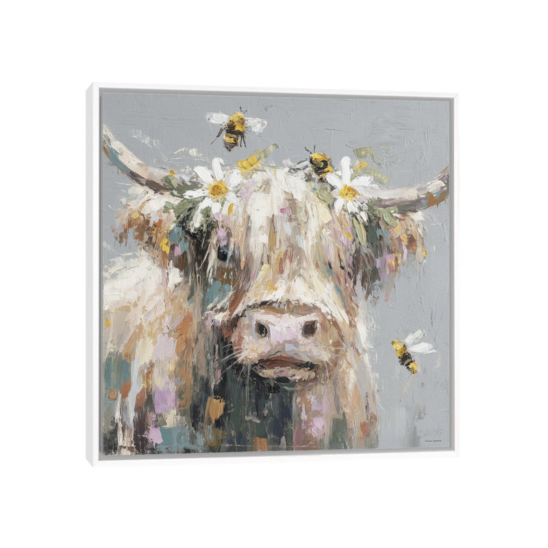 Moo and the Bees - reproduction d'art murale - toile encadrée, 18 po x 18 po, Toile avec cadre, Blanc