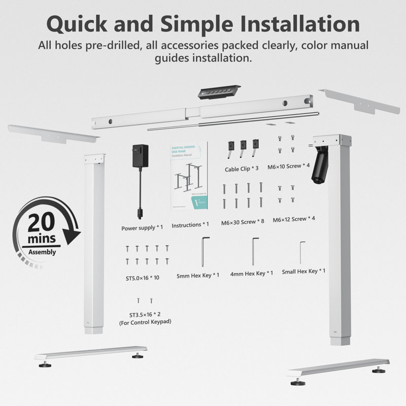 Essential Electric Height Adjustable Standing Desk Frame, White
