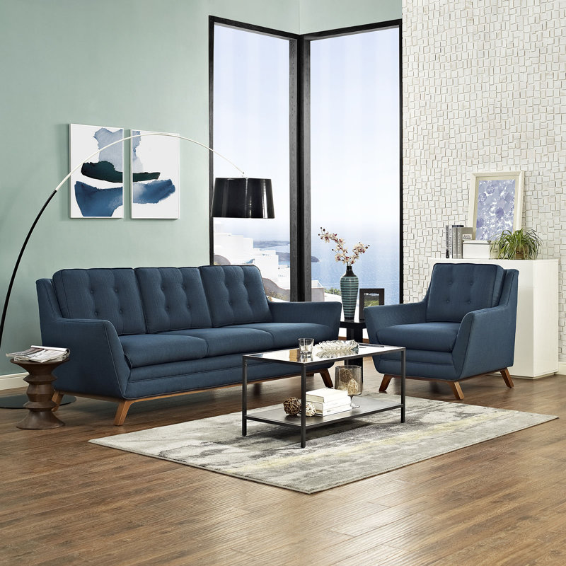Causeuse en tissu d'ameublement avec causeuse et fauteuil Beguile, Mélange de polyester azur