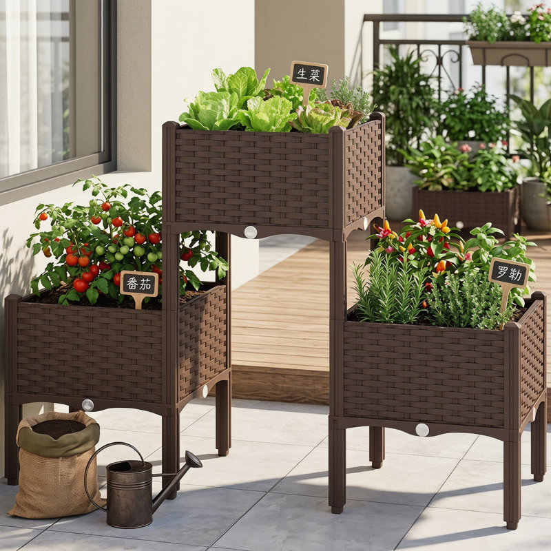 Elevated Modular Raised Garden Bed - Self-watering Planter Boxes With Legs, Rattan-style Pp Plant Bed For Patio, Balcony, Veggies, Herbs & Flowers