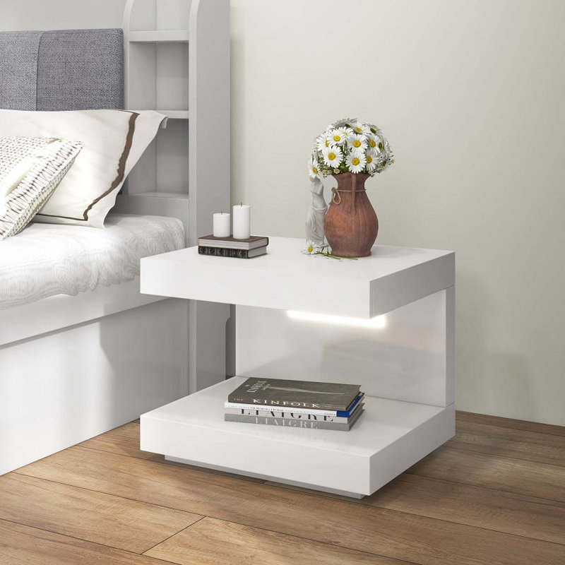 Glossy White Nightstand With 1 Drawer C-Shaped Side Table With Light