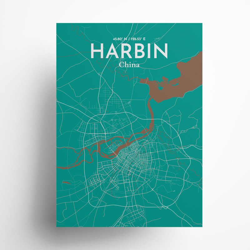 " Harbin China|中國 City Map ", Green/Brown, 27.6" H x 19.7" W