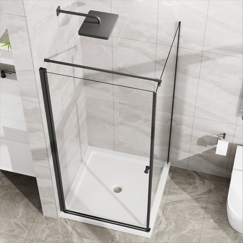 Porte de douche d'angle sans cadre, porte de douche en verre trempé avec ouverture pivotante