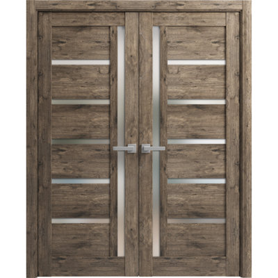 Portes doubles françaises massives en verre dépoli Quadro 4088, en chêne cognac, panneaux massifs, cadre et garnitures, portes robustes pour placard ou chambre à coucher, 56 po x 80 po (2 x 28 po x 80 po)
