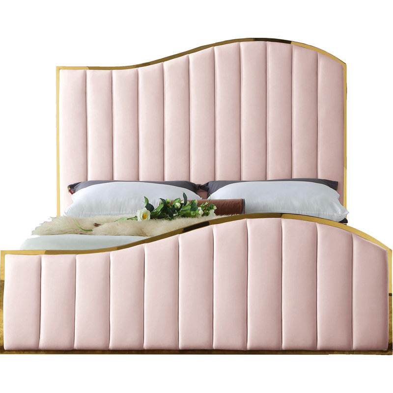 Lit plateforme tapissier Jolie, Très grand, Velours rose