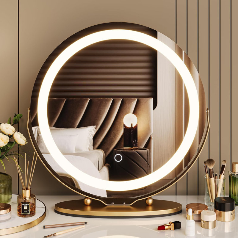 Vanity Mirror with Led Lights, 19 Inches Touch Control 3 Color 2024 New Dimmable Makeup Mirror, 360°Rotation Round Desk Mirror