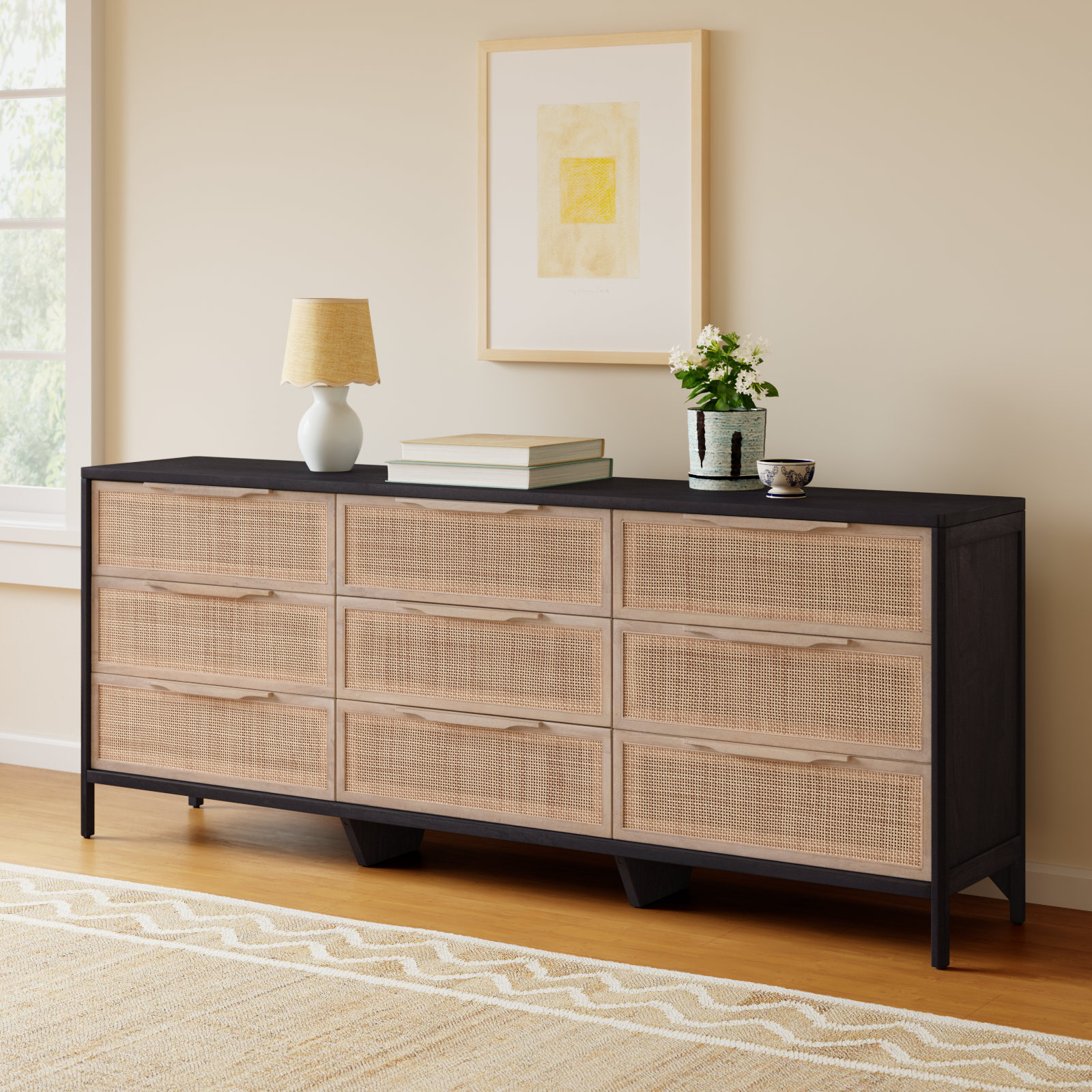 Nellie 9-Drawer Cane Dresser, Black/Natural