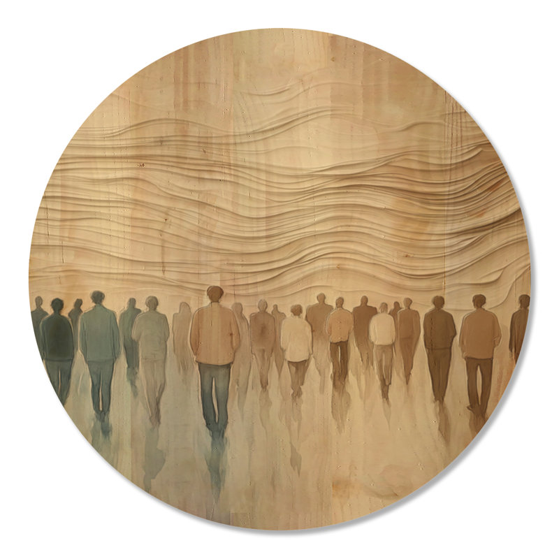 Procession silencieuse - Impression décorative en bois avec figures abstraites, Rond 36 po