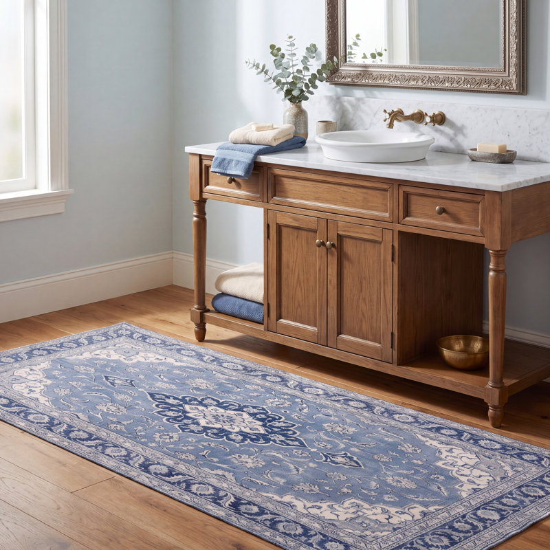 Tapis persan traditionnel à médaillon en calcaire, bleu, gris et crème, lavable à la machine, antidérapant, à poils courts, pour intérieur et extérieur, adapté aux animaux domestiques, idéal pour le salon, la chambre, la salle à manger, l'entrée, le corridor ou le bureau.