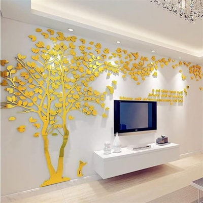 3D Tree Wall Stickers with Birds DIY Family Tree Decals for Nursery, Living Room, Bedroom, and TV Background (Gold Leaf, 98x51in)