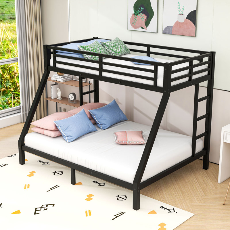 Metal Bunk Bed with Ladders and Guardrails and Slats, Twin XL Over Queen
