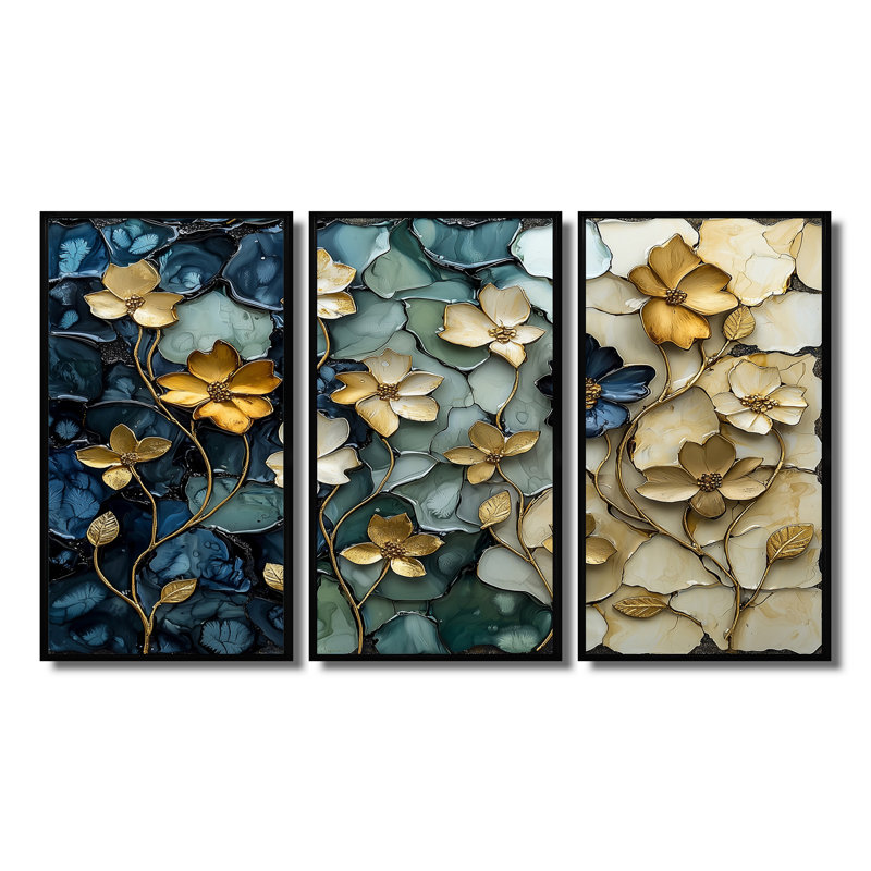 Ensemble de salon art mural bleu et bleu coquelicots Wilderness Poppies, Toile avec cadre flottant noir