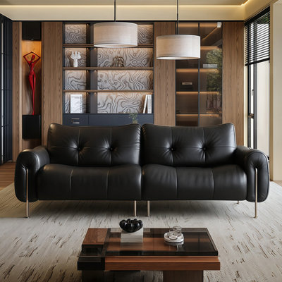Black Genuine Leather Modular Sofa cushion Loveseat