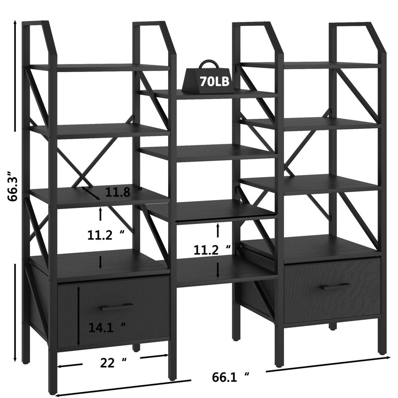 Bibliothèque étagère Vipula, (5 tablettes) H 64 po x l 69 po x P 12 po, Noir