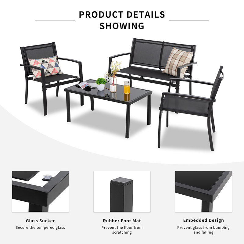 Arantxa 4 - Person Patio Conversation Set, Black