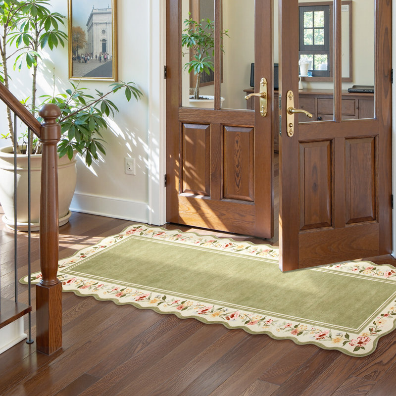 Washable Floral Scalloped Ultra Thin Non-Slip Green 2X6 Runner Rugs For Living Room Bedroom Vintage Office Dining RoomRug