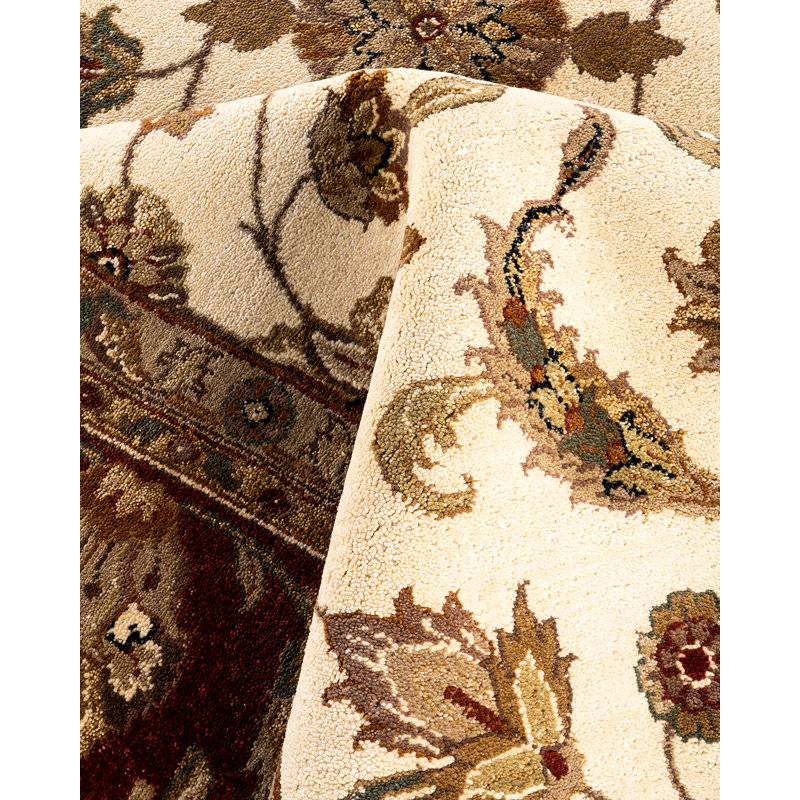 Ivory and Red Hand-Knotted Wool Rectangular Area Rug