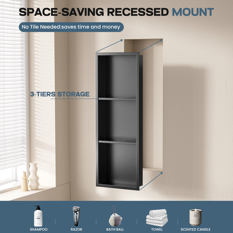 Niche de douche encastrée à trois niveaux l 12 po x H 36 po avec tablettes, niche murale en acier inoxydable imperméable - aucun carreau requis