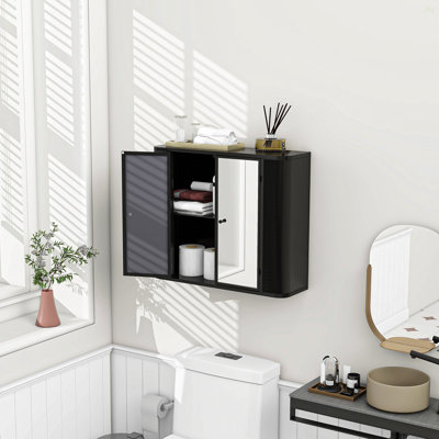 Armoire de salle de bain murale noire avec miroir, 2 portes en miroir et tablette ouverte, armoire de rangement en métal de style campagnard avec compartiment ouvert pour meuble-lavabo, toilette et évier