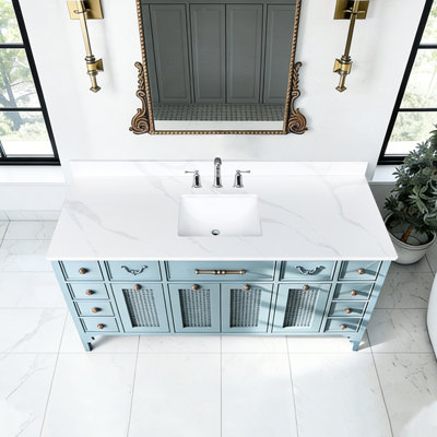 Comptoir de meuble-lavabo blanc 61 pouces pour salle de bain, lavabo simple encastré, 4 dosserets, 3 trous pré-percés, teinture et chaleur, convenant à tous les types de salle de bain en quartz, robinet intégré central haut américain